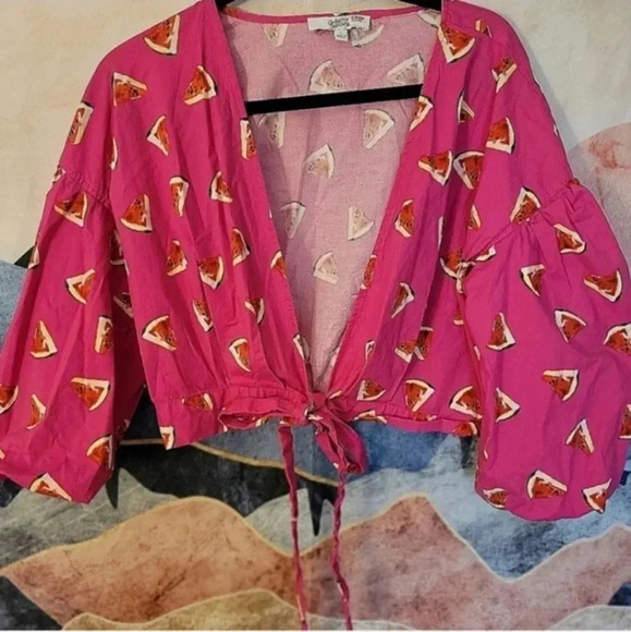 Color Me Courtney x RTR Watermelon Wrap Top S Puff Sleeve Pink Fruit Print - Picture 7 of 13